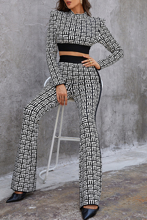 Black White Casual Print Patchwork Half A Turtleneck Long Sleeve Two Pieces