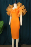 Orange Sexy Formal Solid Patchwork O Neck One Step Skirt Dresses