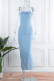 Blue Sexy Solid Patchwork Feathers Backless Slit Spaghetti Strap Long Dress