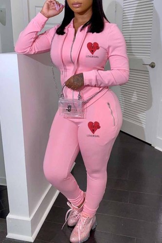 Pink Casual Print Letter Hooded Collar Long Sleeve Two Pieces