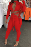 Red Sexy Solid Draw String Half A Turtleneck Long Sleeve Two Pieces