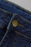 Medium Blue Casual Patchwork Tassel Ripped High Waist Skinny Denim Jeans