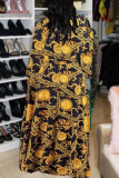 Black Gold Casual Print Patchwork Buckle Turndown Collar Shirt Dress Dresses