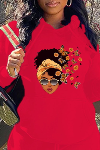 Red Casual Print Patchwork Hooded Collar Tops
