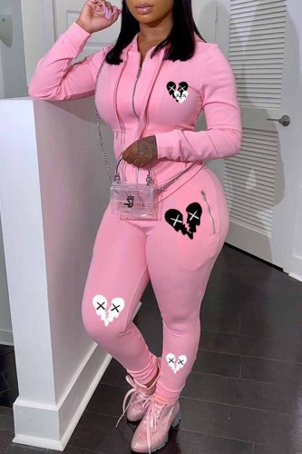 Pink Casual Print Patchwork Hooded Collar Long Sleeve Two Pieces