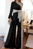 White Fashion Patchwork Sequins One Shoulder Long Sleeve Two Pieces
