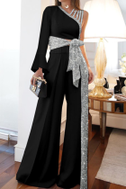 Black Fashion Patchwork Sequins One Shoulder Long Sleeve Two Pieces