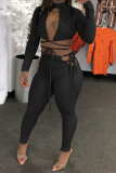 Black Sexy Solid Draw String Half A Turtleneck Long Sleeve Two Pieces