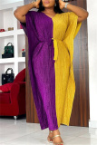 Green Yellow Casual Solid Patchwork V Neck Long Dress Dresses