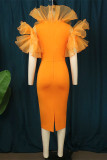 Orange Sexy Formal Solid Patchwork O Neck One Step Skirt Dresses