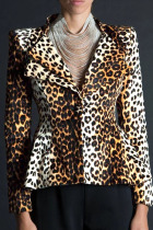Brown Notched Leopard Slim fit Print Print Long Sleeve Blazer & Suits &Jacket