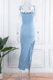 Blue Sexy Solid Patchwork Feathers Backless Slit Spaghetti Strap Long Dress
