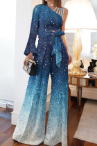 Blue Fashion Patchwork Sequins One Shoulder Long Sleeve Two Pieces