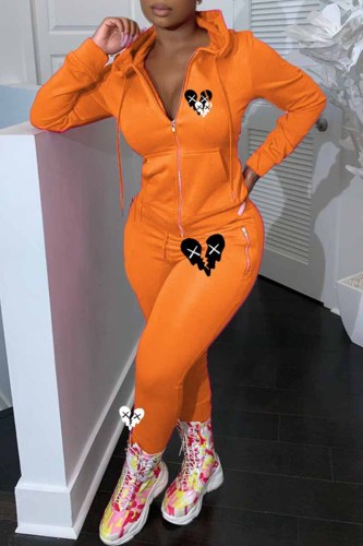 Orange Casual Print Patchwork Hooded Collar Long Sleeve Two Pieces