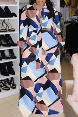 Light Blue Casual Print Patchwork Buckle Turndown Collar Shirt Dress Dresses