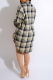 Burgundy Casual Plaid Patchwork Turndown Collar Shirt Dress Dresses