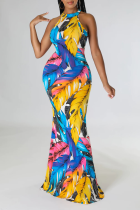 Multicolor Street Print Patchwork Halter Trumpet Mermaid Dresses