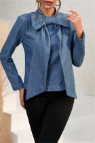 Dark Blue Casual Solid Patchwork With Bow O Neck Long Sleeve Regular Denim Tops