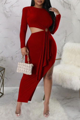 Red Formal Long Sleeve O Neck Cut-Out Slim Fit Asymmetrical Evening Party Midi Dress for Wedding Guests