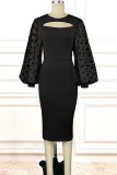 Black Casual Elegant Solid Hollowed Out Patchwork O Neck One Step Skirt Dresses