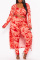 Red Casual Print Cardigan Vests Pants O Neck Plus Size Three-piece Set