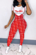Red White Casual Print Patchwork O Neck Skinny Jumpsuits