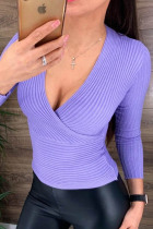 Purple Casual Solid Patchwork V Neck Tops