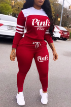 Red Street Print Draw String Hooded Collar Long Sleeve Two Pieces