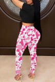 Pink Casual Print Patchwork Skinny High Waist Pencil Trousers