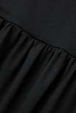 Black Casual Solid Patchwork Frenulum Fold O Neck A Line Dresses