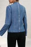 Light Blue Casual Solid Patchwork With Bow O Neck Long Sleeve Regular Denim Tops