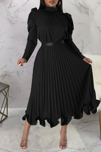 Black Casual Solid Patchwork Flounce Fold Half A Turtleneck Long Sleeve Two Pieces
