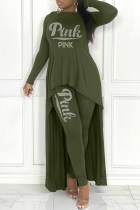 Army Green Elegant Letter Hot Drill Long Sleeve Two Pieces