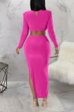 Red Sexy Solid Hollowed Out Patchwork Slit O Neck Pencil Skirt Dresses