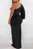 Black Sexy Formal Solid Backless Slit Oblique Collar Long Sleeve Dresses