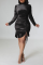 Black Street Solid Draw String Fold Half A Turtleneck Pencil Skirt Dresses