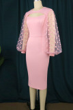 Pink Casual Elegant Solid Hollowed Out Patchwork O Neck One Step Skirt Dresses