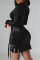Black Street Solid Draw String Fold Half A Turtleneck Pencil Skirt Dresses