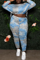 Blue Casual Print Tie Dye Draw String Frenulum Fold O Neck Plus Size Two Pieces