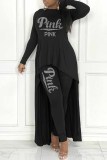 Black Elegant Letter Hot Drill Long Sleeve Two Pieces