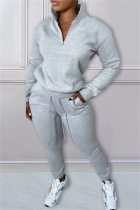 Grey Casual Solid Patchwork Zipper Collar Long Sleeve Two Pieces