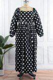 Dark Brown Casual Dot Print Patchwork Backless O Neck Long Sleeve Plus Size Dresses (Without Belt)