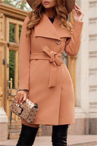 Khaki Casual Solid Patchwork Turndown Collar Outerwear