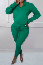 Green Casual Solid Patchwork Zipper Collar Long Sleeve Two Pieces