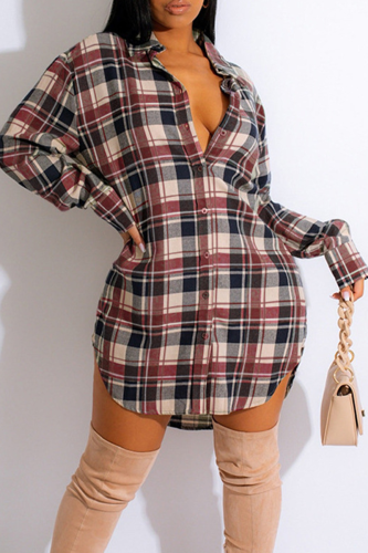 Burgundy Casual Plaid Patchwork Turndown Collar Shirt Dress Dresses
