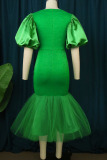 Green Elegant Solid Patchwork Square Collar Pencil Skirt Dresses