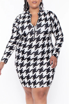 White Casual Print Patchwork Zipper Collar Long Sleeve Plus Size Dresses