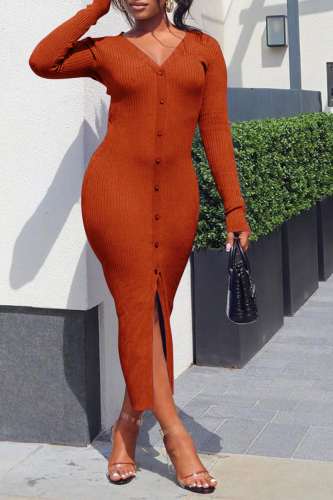 Tangerine Red Street Solid Patchwork V Neck Pencil Skirt Dresses