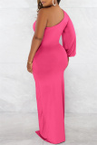 Rose Red Sexy Formal Solid Backless Slit Oblique Collar Long Sleeve Dresses
