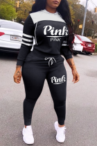 Black Street Print Draw String Hooded Collar Long Sleeve Two Pieces